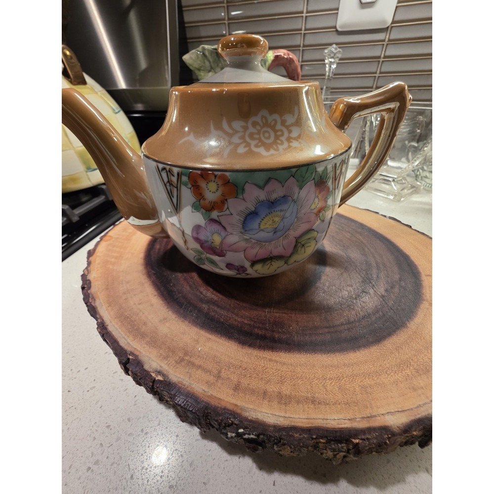 Vintage Japan Brown Floral Handpainted Lusterware Tea Pot With Lid - Picture 3 of 16